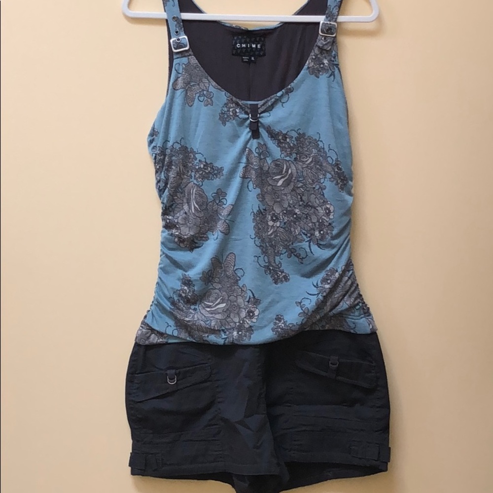 Blue and dark gray floral romper